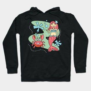 Cute Sweet Retro Mermaid Girl and Funny Crab Friend Hoodie